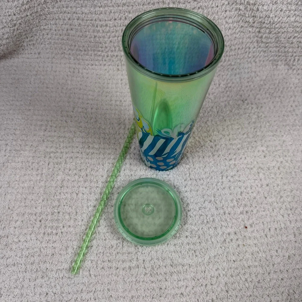 Starbucks Iridescent Blue Green Botanical Tumbler 24 oz Reusable Green Straw Lid